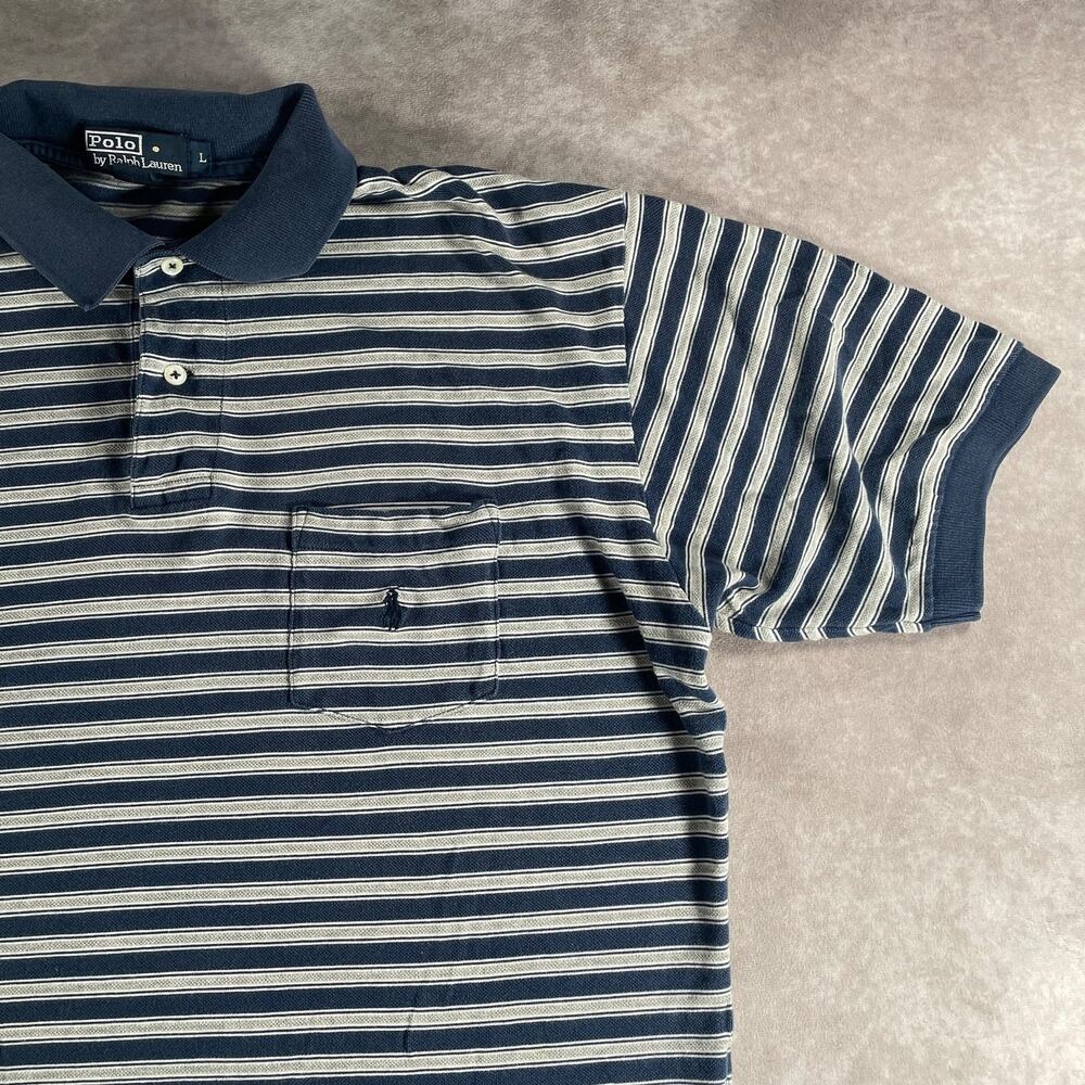 Vintage Polo Ralph Lauren Striped Polo Shirt Navy 100% Cotton Men's Size Large